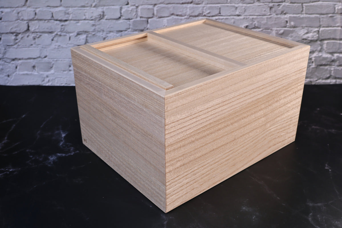 Azmaya kiri wood rice storage bin closed with both lid panels seated flush on top