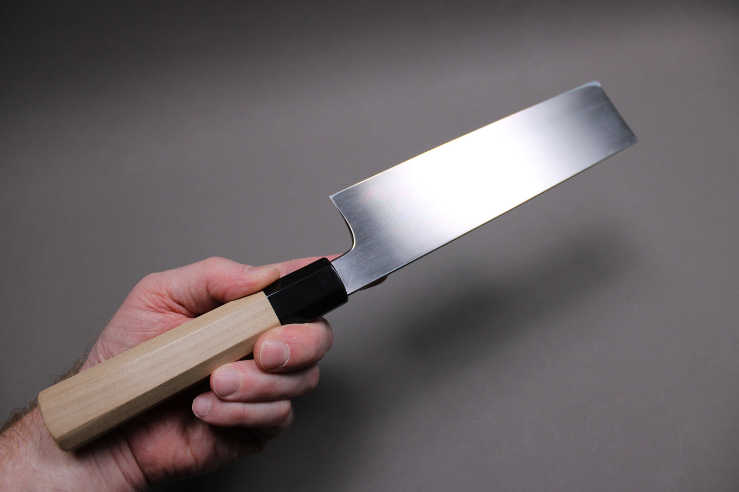 backside of single bevel knife magnolia knife buffalo horn ferrule