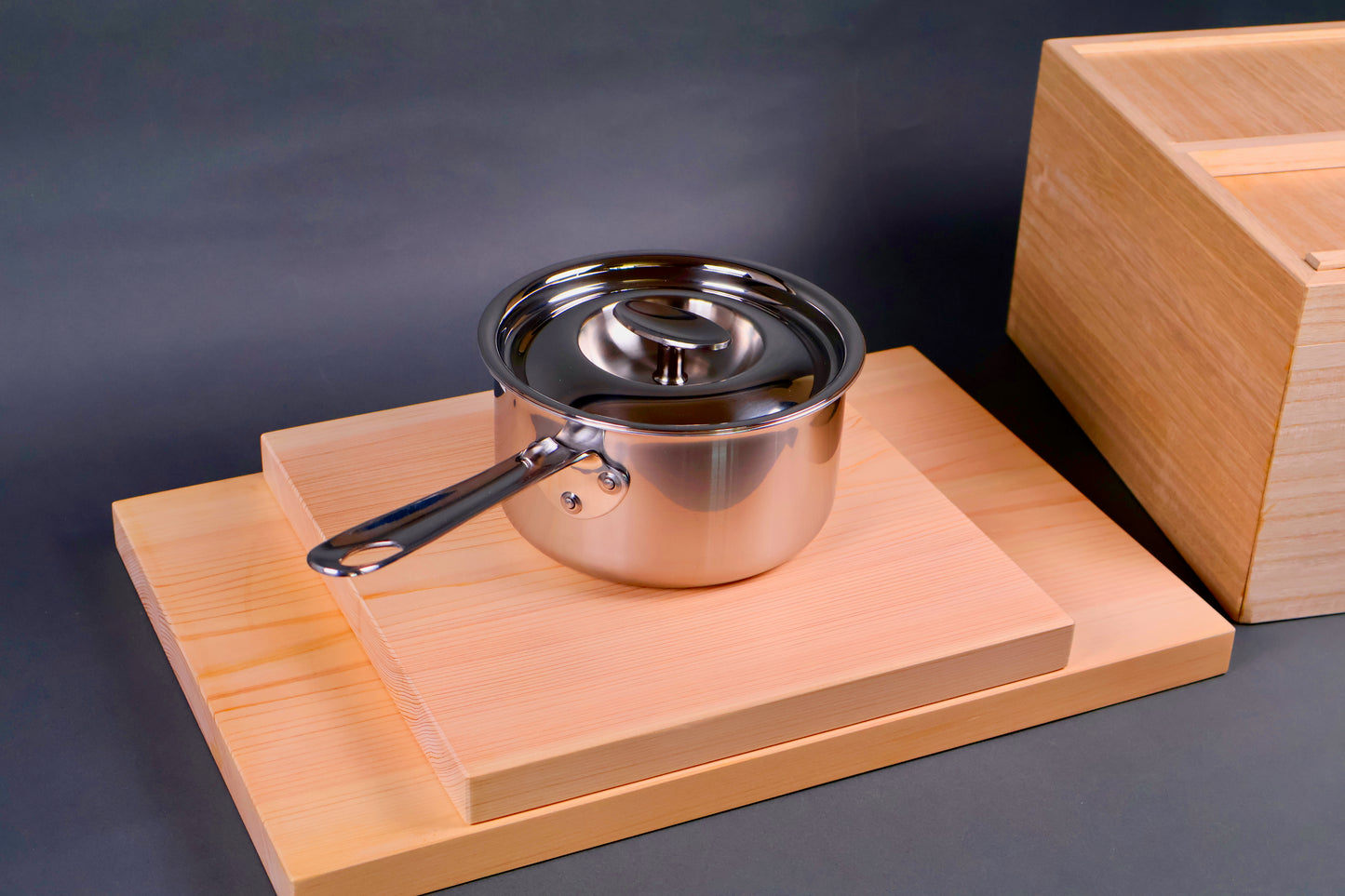 made in Japan lidded saucepan shiny high quality steel with art deco styled theme beautiful design with grey background