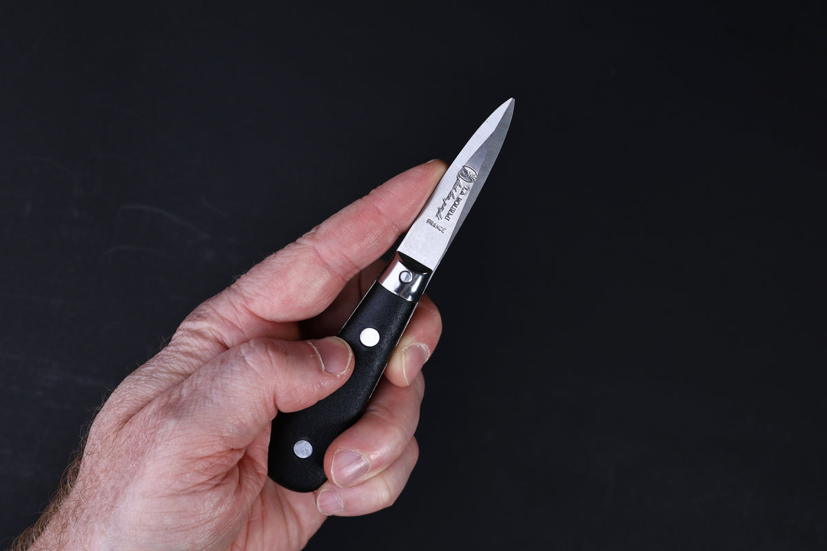 Laguiole Neron oyster knife — handle shape, rivets, and bolster detail resting on wood surface