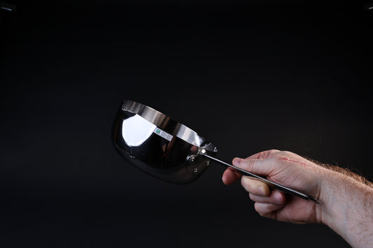 Mt. Fuji Steel Clad Yukihira saucepan 16cm angled view showing interior, loop handle, and brand label