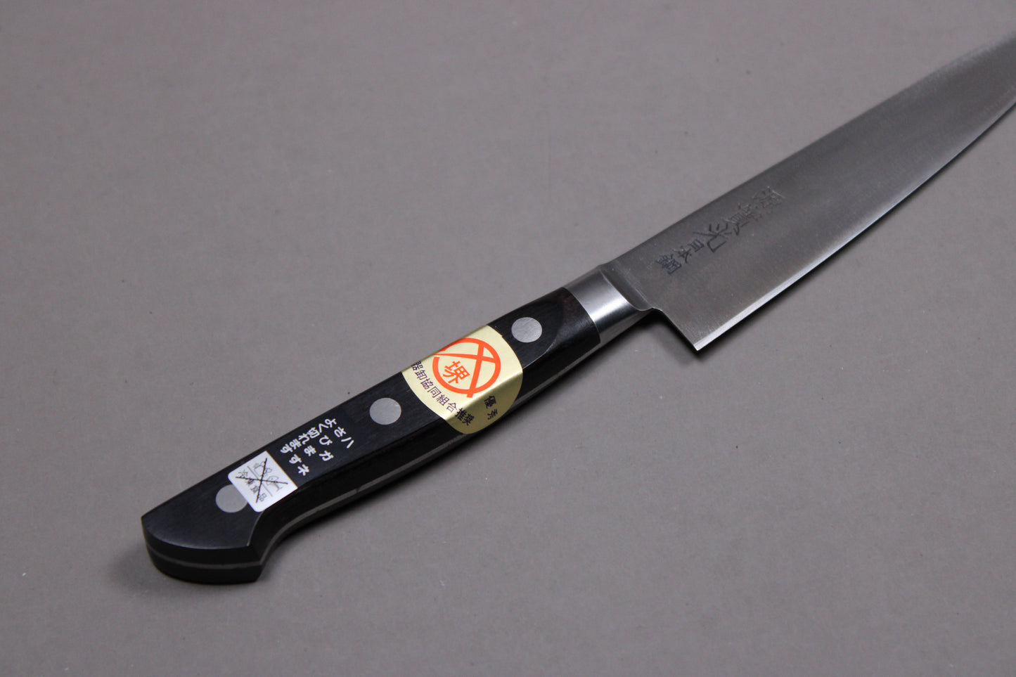 top view petty pakka wood handle and choil of knife