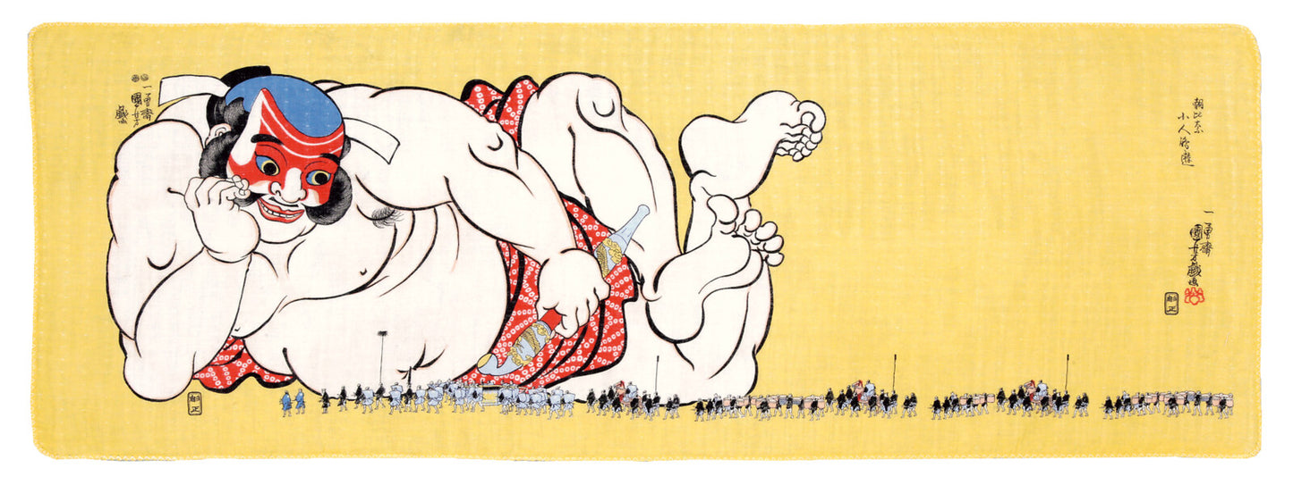 full length rectangular tenugui towel printed with blue red tan black classical japanese warrior on white backdrop