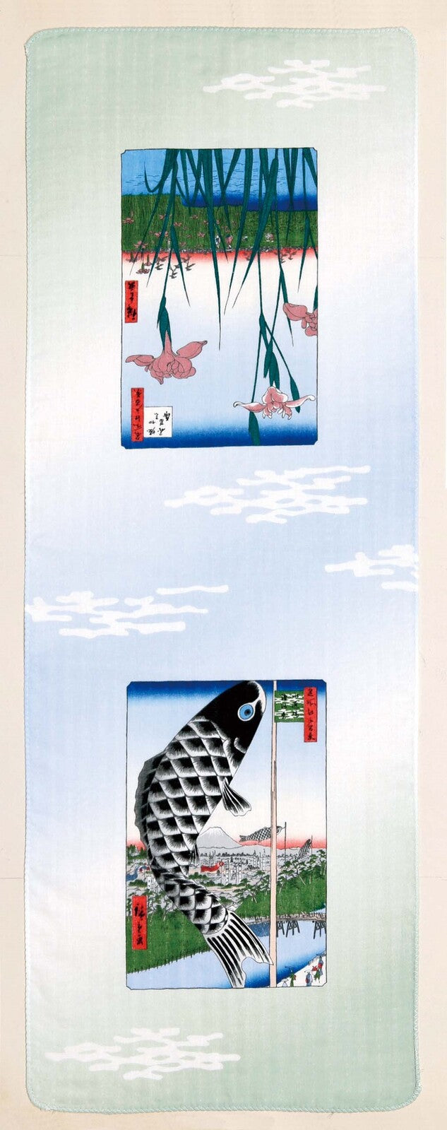 rectangular full length view tenugui towel printed with light blue red black green classical japanese carp on greenish white backdrop
