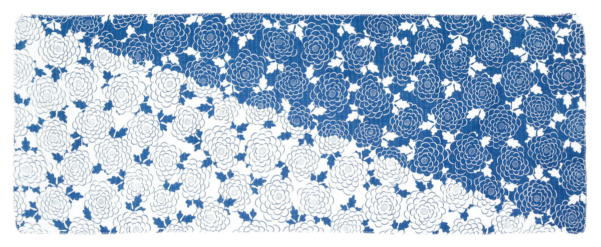 Sarashi tenugui Meiji Rimpa — blue and white chrysanthemum pattern, full towel flat lay