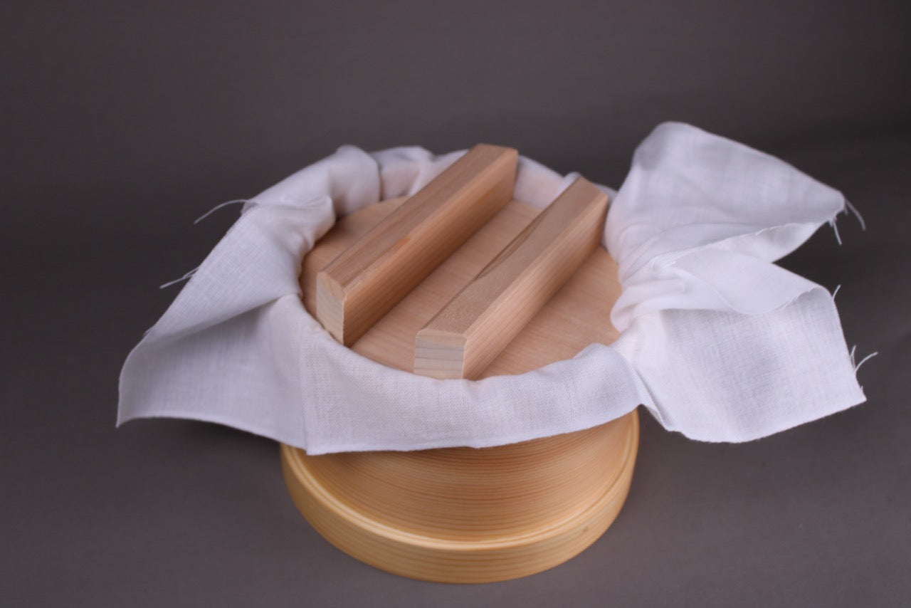 hinoki wood tofu maker with drop lid and straining cloth