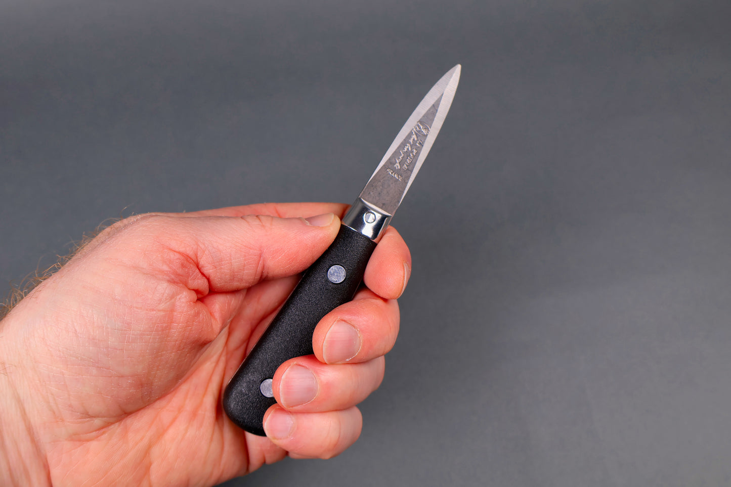 hand holding small black handled stainless steel oyster knife etched in French writing with beveled edges in grey background