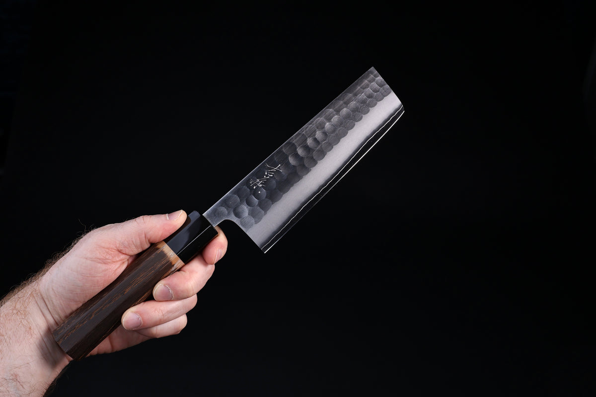 Yoshikane SKD Tsuchime Nakiri 165mm with kuro-uchi finish and maker&