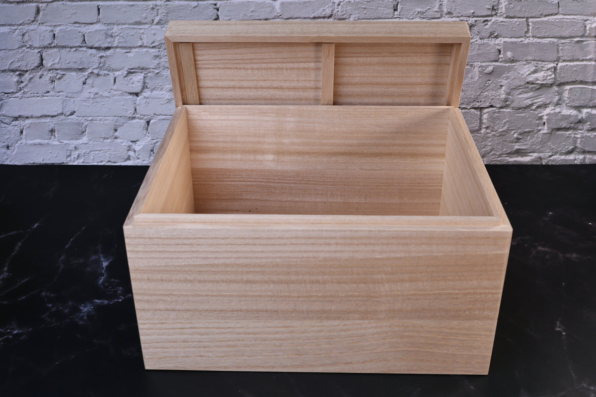 Azmaya kiri wood rice bin with the lid lifted to show the deep open interior