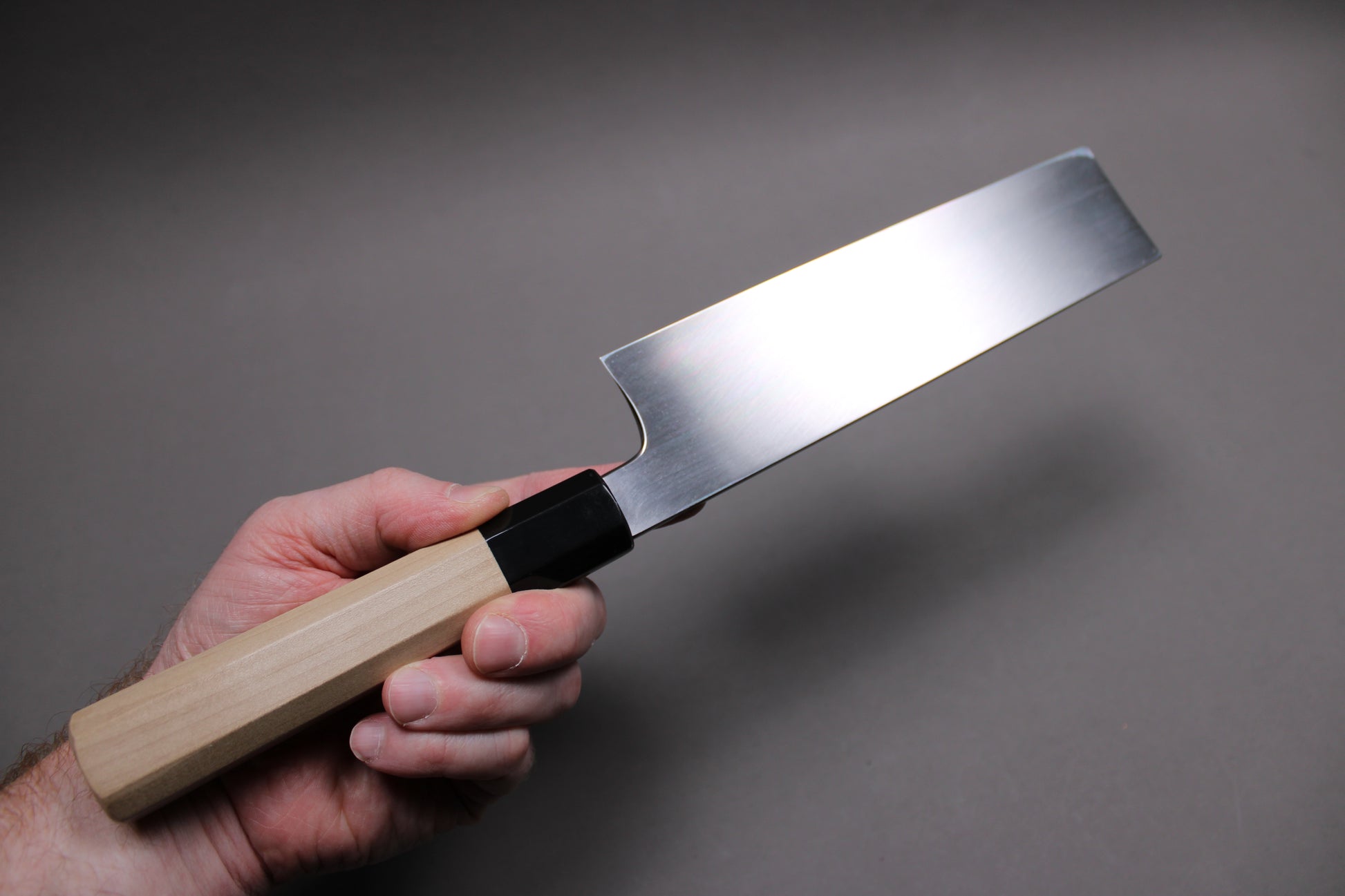backside of single bevel knife magnolia knife buffalo horn ferrule 