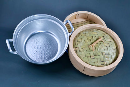 Bamboo steamer kit 21cm with dantsuki pot components angled showing dimpled aluminum interior, cedar steamer body with bamboo slat base and woven lid