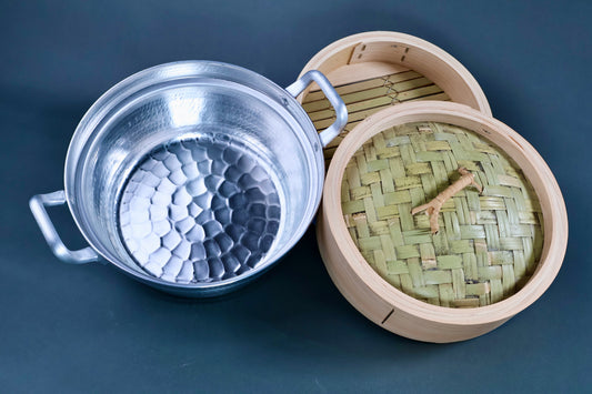 Bamboo steamer kit 21cm with dantsuki pot components overhead showing hammered aluminum interior, cedar body with bamboo slat base and woven lid