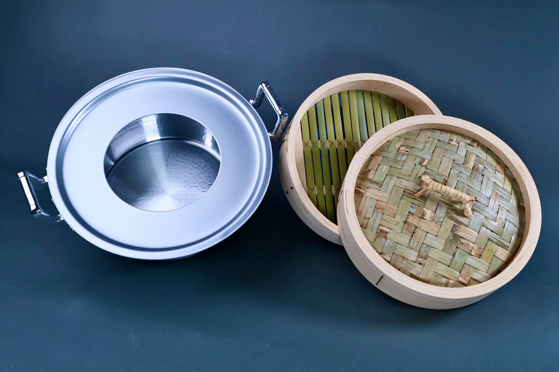 Bamboo steamer kit 24cm components overhead showing aluminum collar, cedar steamer body with green bamboo slat base and woven lid