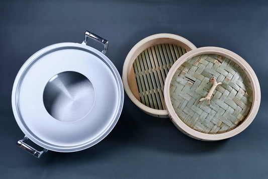 Bamboo steamer kit 27cm components overhead showing aluminum pot, cedar steamer body with bamboo slat base and woven bamboo lid