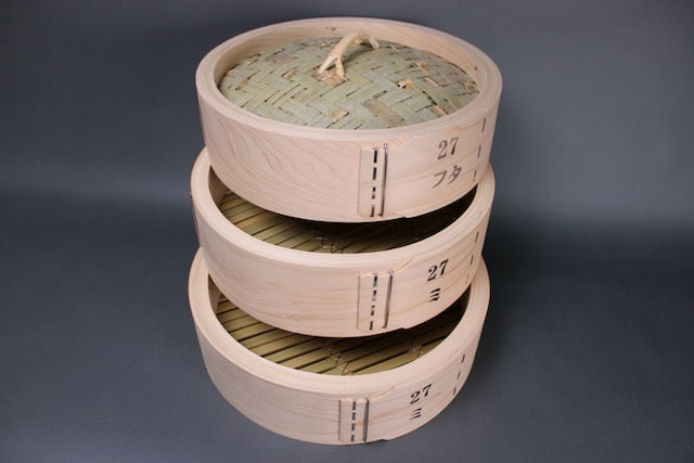 tall stack hinoki seiro steamer bamboo lid and two bases with slats and grey background