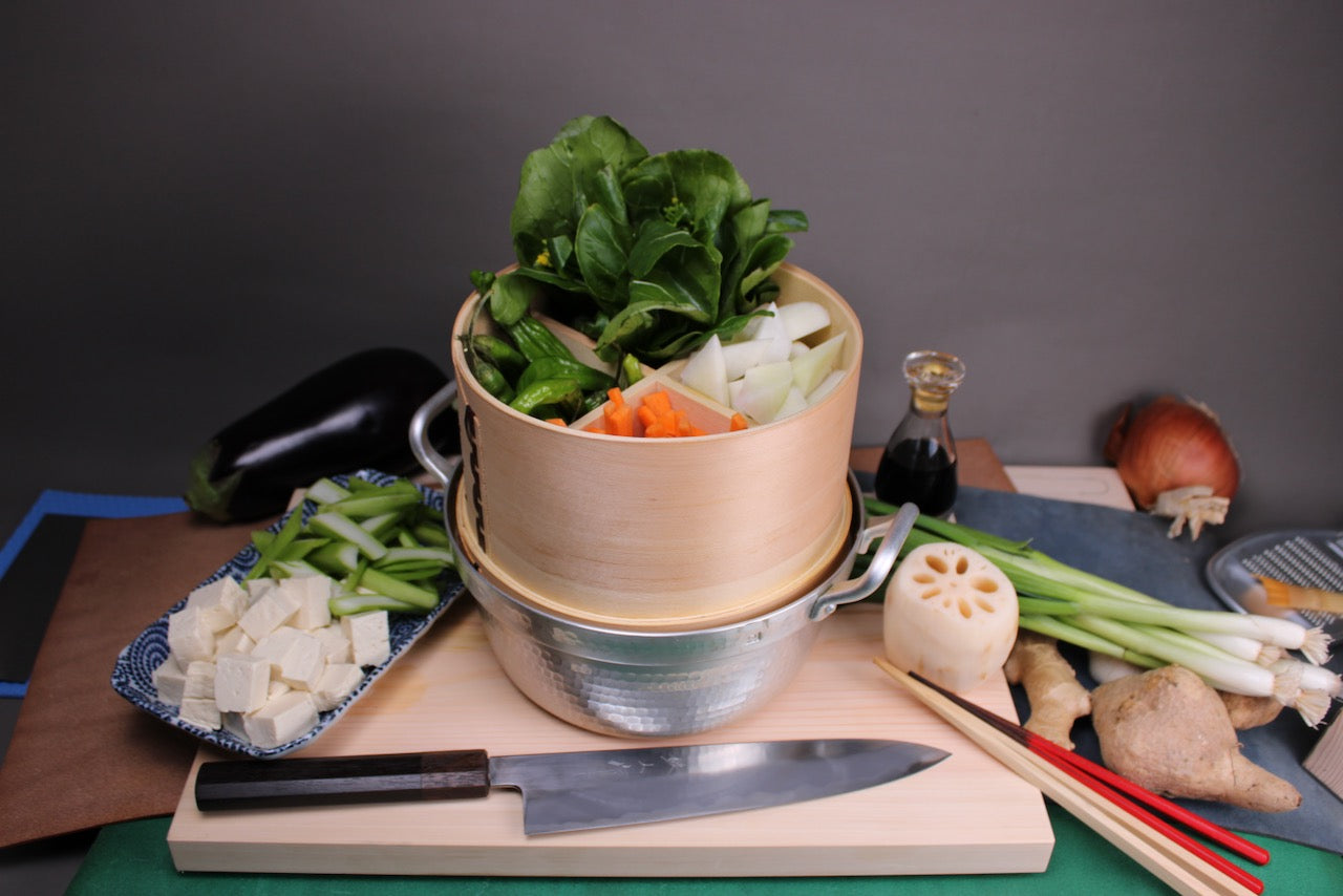 hinoki wood wappa seiro steamer basket with dantsuki pot and vegetables cutting board nakiri gyuto knives chopsticks soy sauce cruet