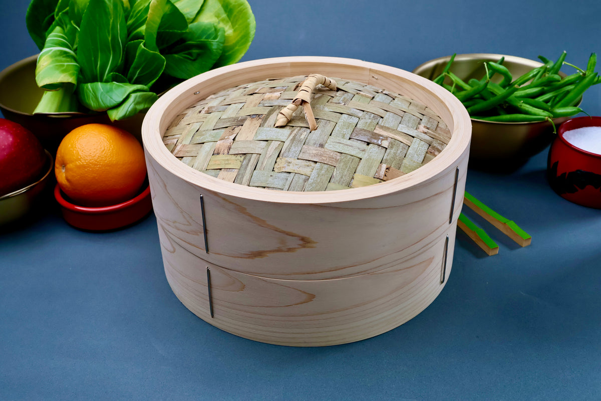 Ebematsu Shoji Kiso Hinoki bamboo steamer set 24cm assembled with woven lid styled with fresh vegetables and saibashi