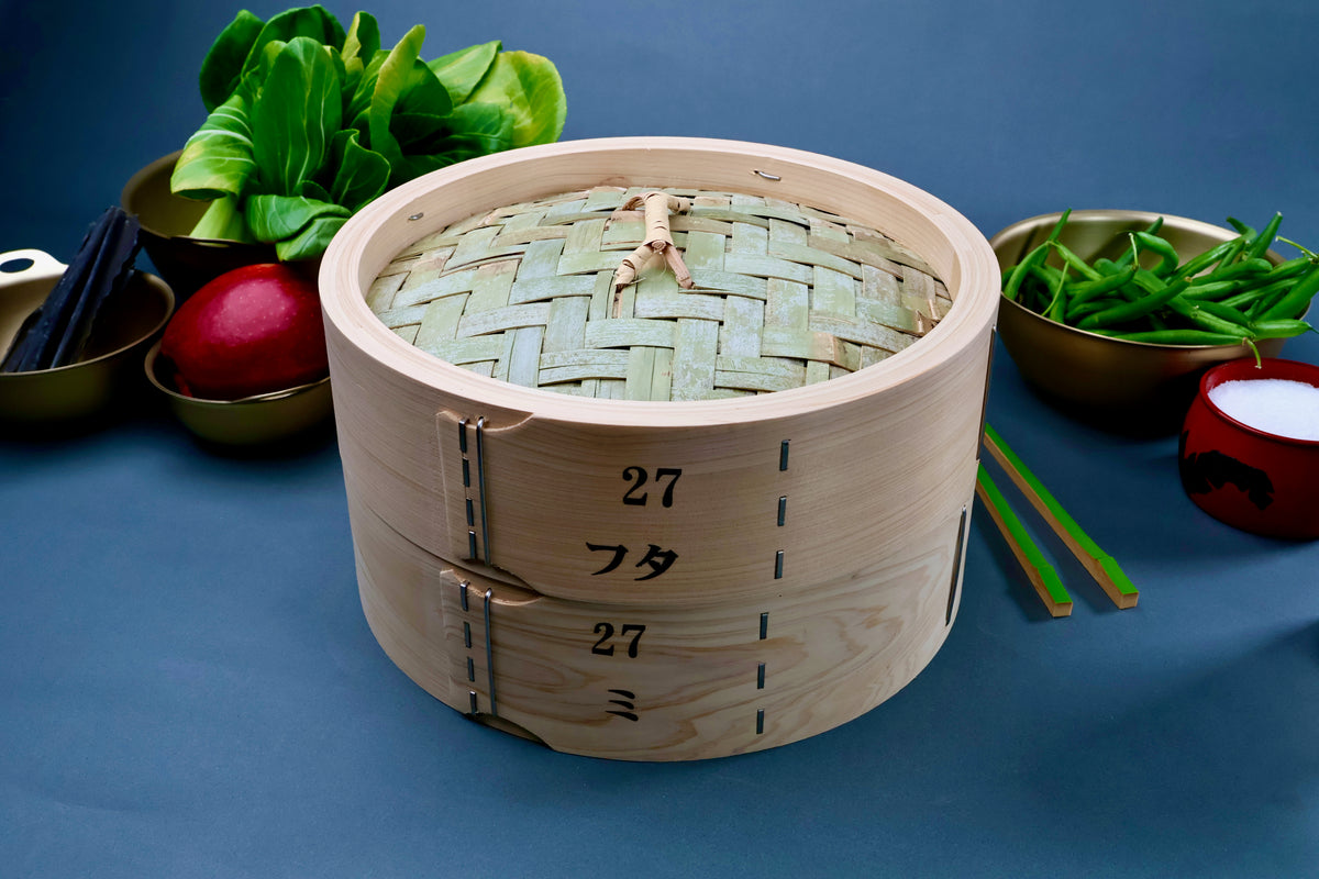 Ebematsu Shoji Kiso Hinoki bamboo steamer set 27cm assembled and styled with fresh vegetables and saibashi chopsticks