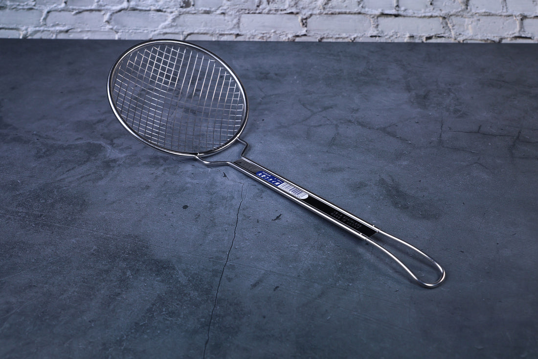Fujiboshi fried food skimmer — full view showing wide wire grid basket, neck, and stainless handle