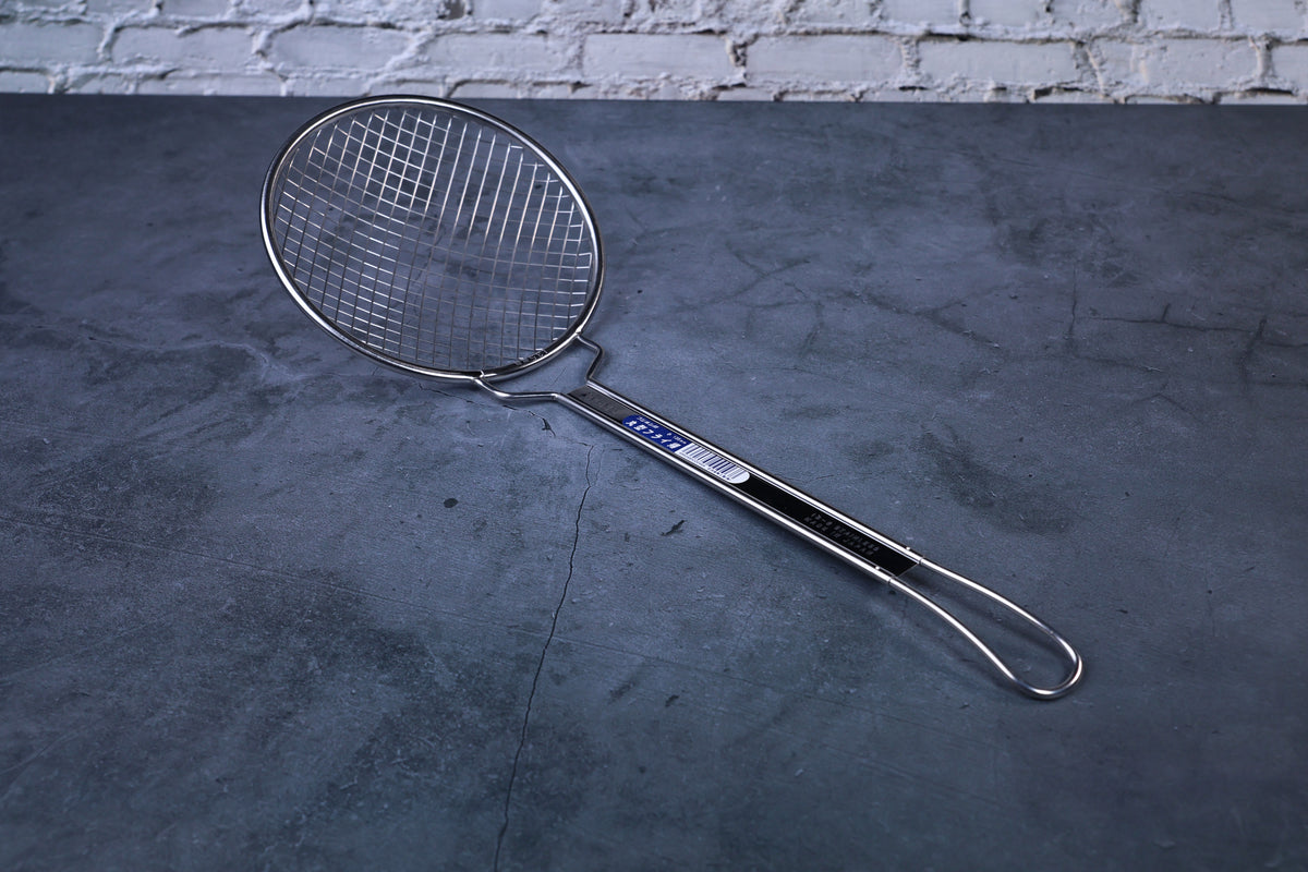 Fujiboshi fried food skimmer — full view showing wide wire grid basket, neck, and stainless handle