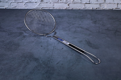 Fujiboshi fried food skimmer — full view showing wide wire grid basket, neck, and stainless handle
