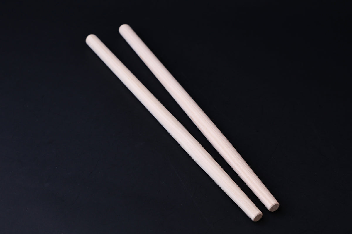 Hanabashi tempura chopsticks 36cm — overhead view showing natural unfinished hinoki wood color and taper