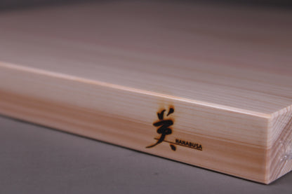  front shot of yoshino hinoki cutting board 44cm size l with hanabusa by tsuji wood technical logo