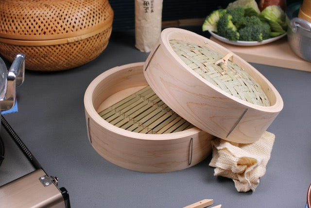 japanese kitchenware steamer handmade artisan with cotton steam cloth platter of vegetables cutting board made of hinoki 
