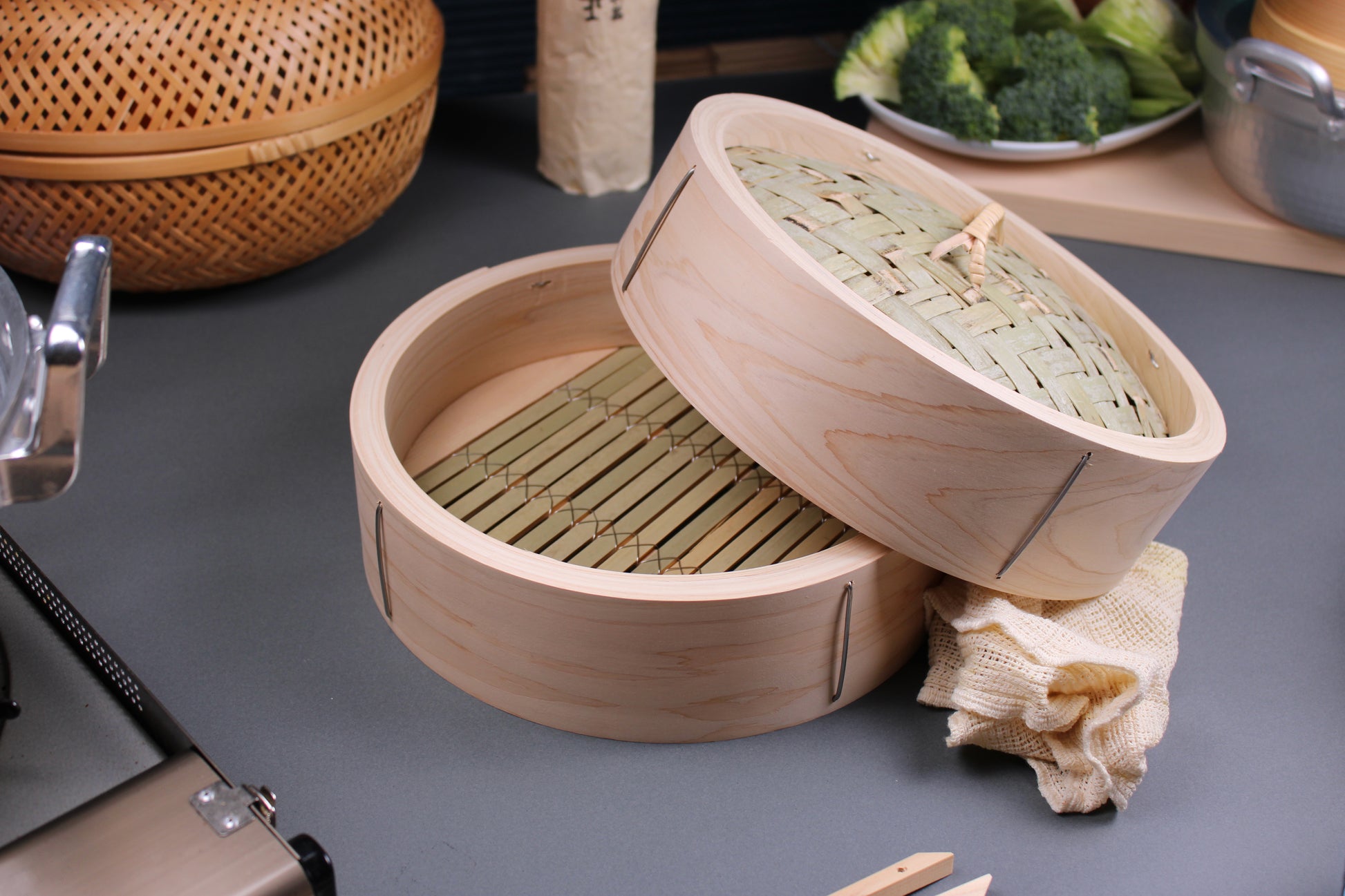 japanese kitchenware steamer handmade artisan with cotton steam cloth platter of vegetables cutting board made of hinoki 