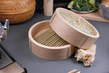 japanese kitchenware steamer handmade artisan with cotton steam cloth platter of vegetables cutting board made of hinoki 