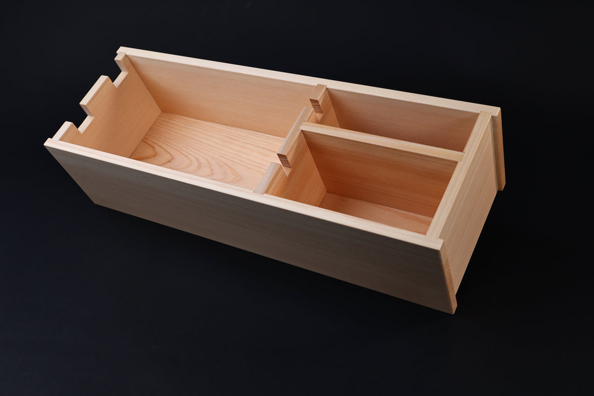 Hinoki knife stand box — diagonal view from opposite end showing full interior depth and compartment layout
