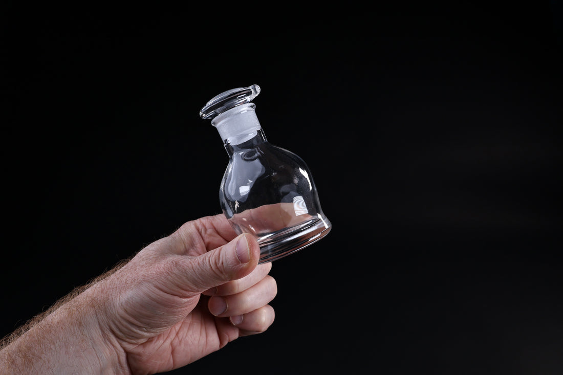 Hirota Glass soy sauce cruet — top-down view of glass stopper and pouring spout detail
