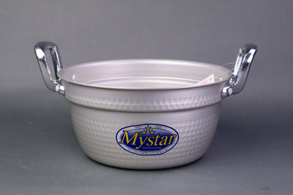silver aluminum two handled cooking pot for steaming with interior ledge in grey background