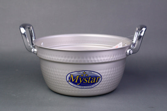 silver aluminum two handled cooking pot for steaming with interior ledge in grey background