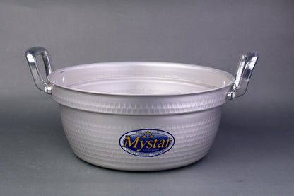 two handled silver grey cooking pot for steamed food with sticker on pot face in grey backdrop