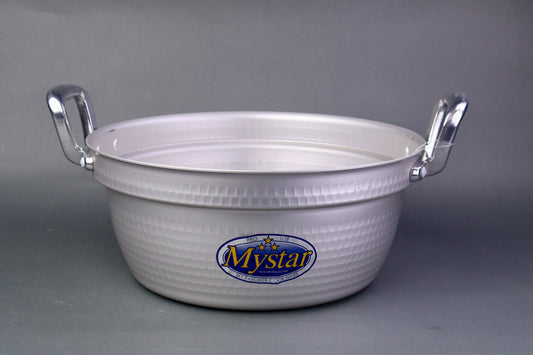 two handled silver grey cooking pot for steamed food with sticker on pot face in grey backdrop