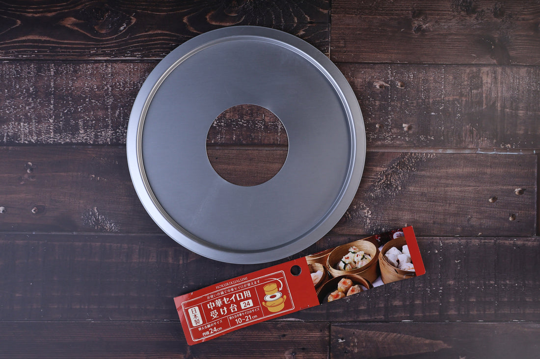 Hokuriku Aluminum steam ring 24cm — top view with red Japanese packaging, no-handle style