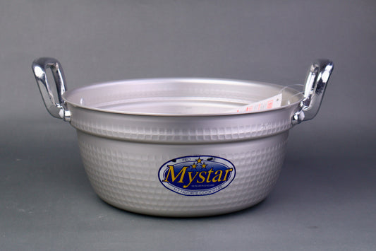 silver two handled steaming pot with my star sticker on pot face