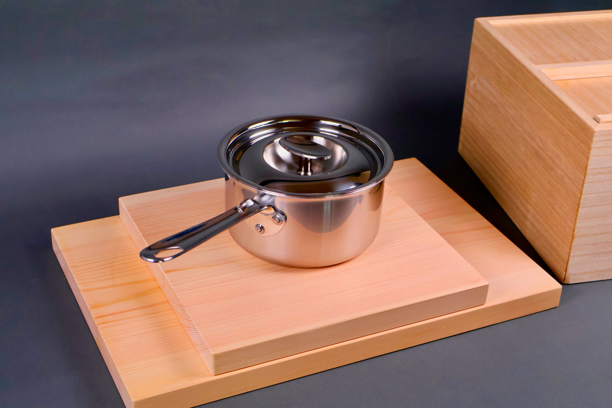made in Japan lidded saucepan shiny high quality steel with art deco styled theme beautiful design with grey background