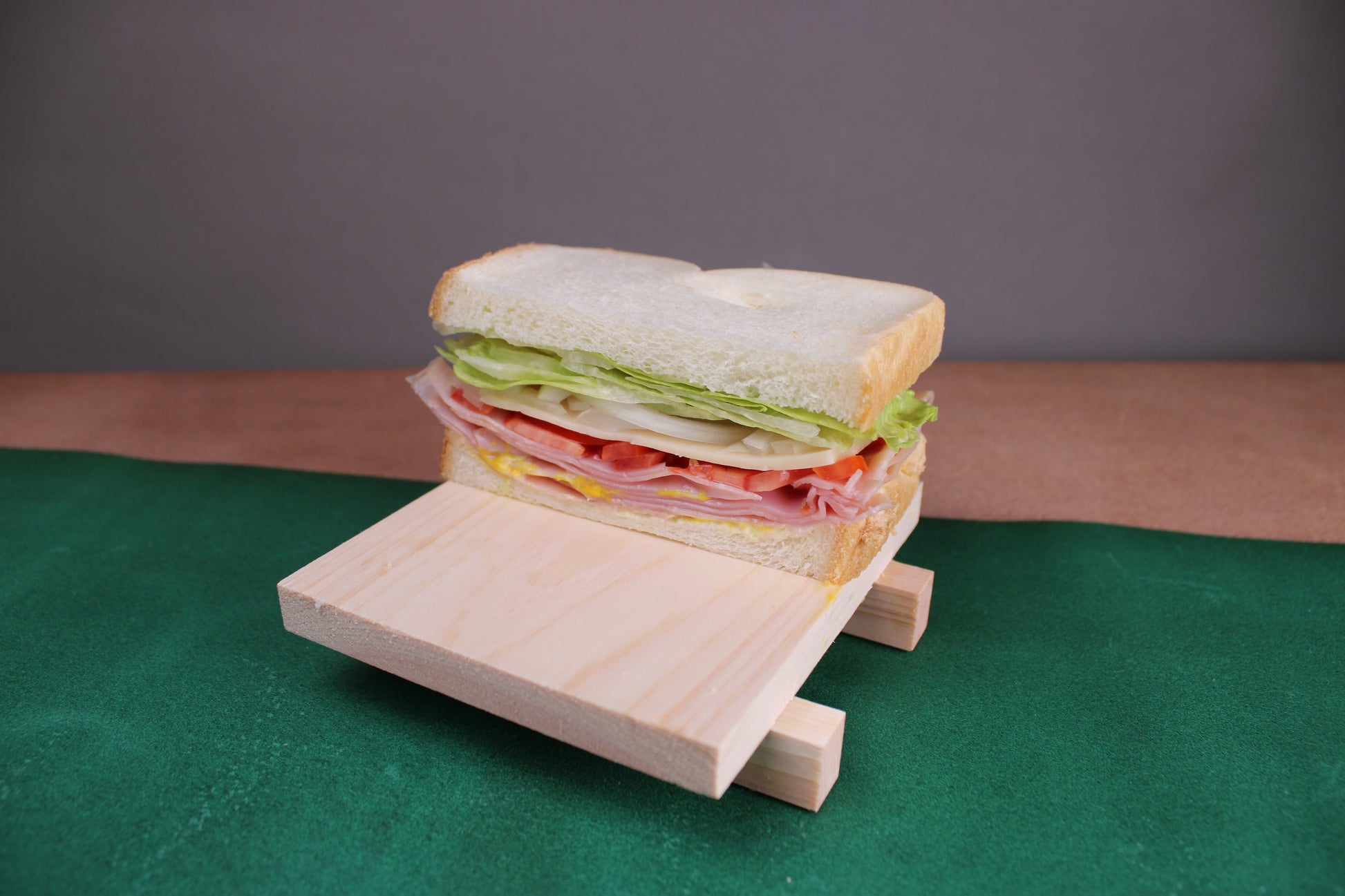 iroha sandwich guide japanese kitchenware showing half of one sandwich atop hinoki wood base