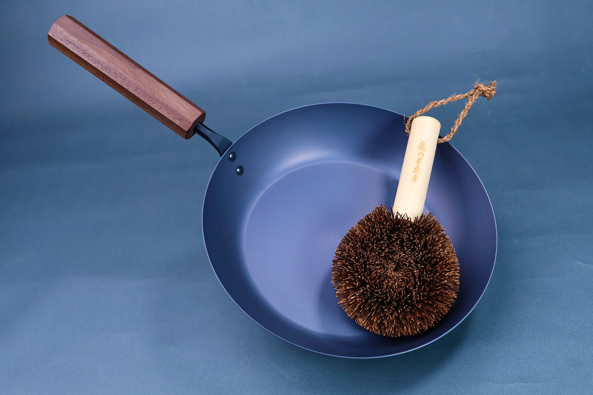 Japanese carbon steel nitride deep fry pan 24cm with octagonal hardwood handle and natural fiber tawashi scrub brush
