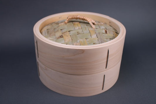 bamboo steamer 24cm kiso hinoki base and lid extra thick kiso hinoki magewappa exterior lid with woven bamboo and rattan wrapped handle handmade in japan 
