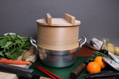 wappa seiro steamer basket atop dantsuki 2 handed aluminum pot with gyuto knives red chopsticks cutting tangerines
