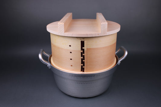 frontal image of seiro steamer kit twenty one cm including nakamura douki dantsuki pot with dimpled surface texture and yamacoh handmade wood japanese steamer with lid in front of grey background