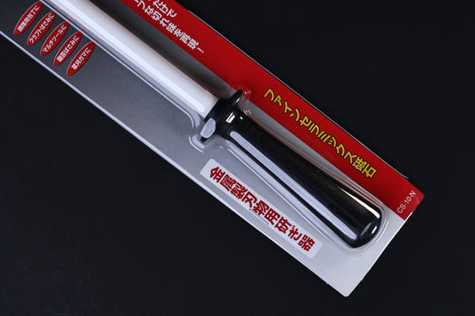 Kyocera ceramic honing rod 10" — close-up of black handle and finger guard detail in packaging