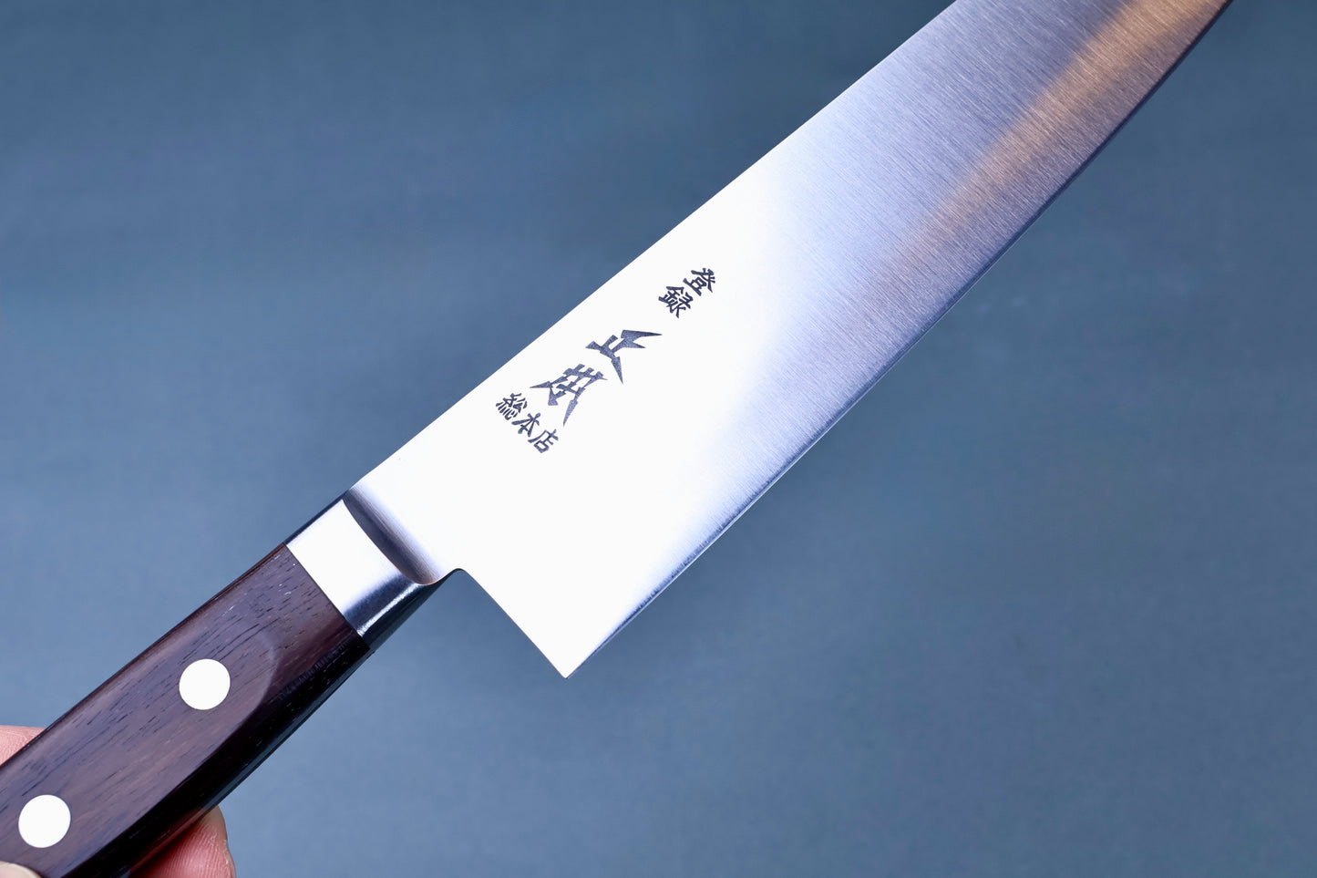 Masamoto CT carbon steel gyuto blade detail showing kanji engraving and rosewood handle