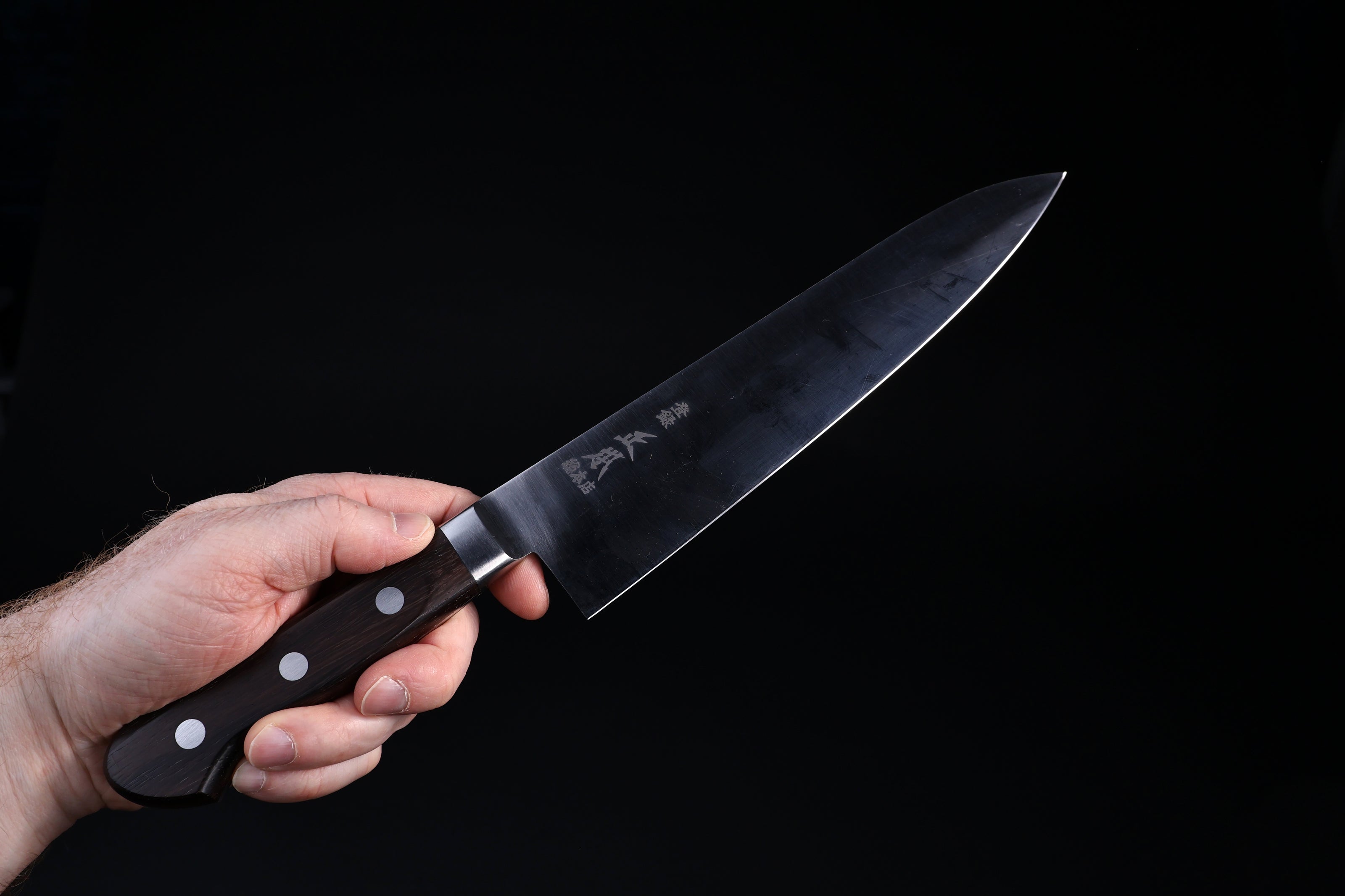 Masamoto CT Carbon Steel Gyuto 240mm with kuro-uchi finish and maker's kanji on blade