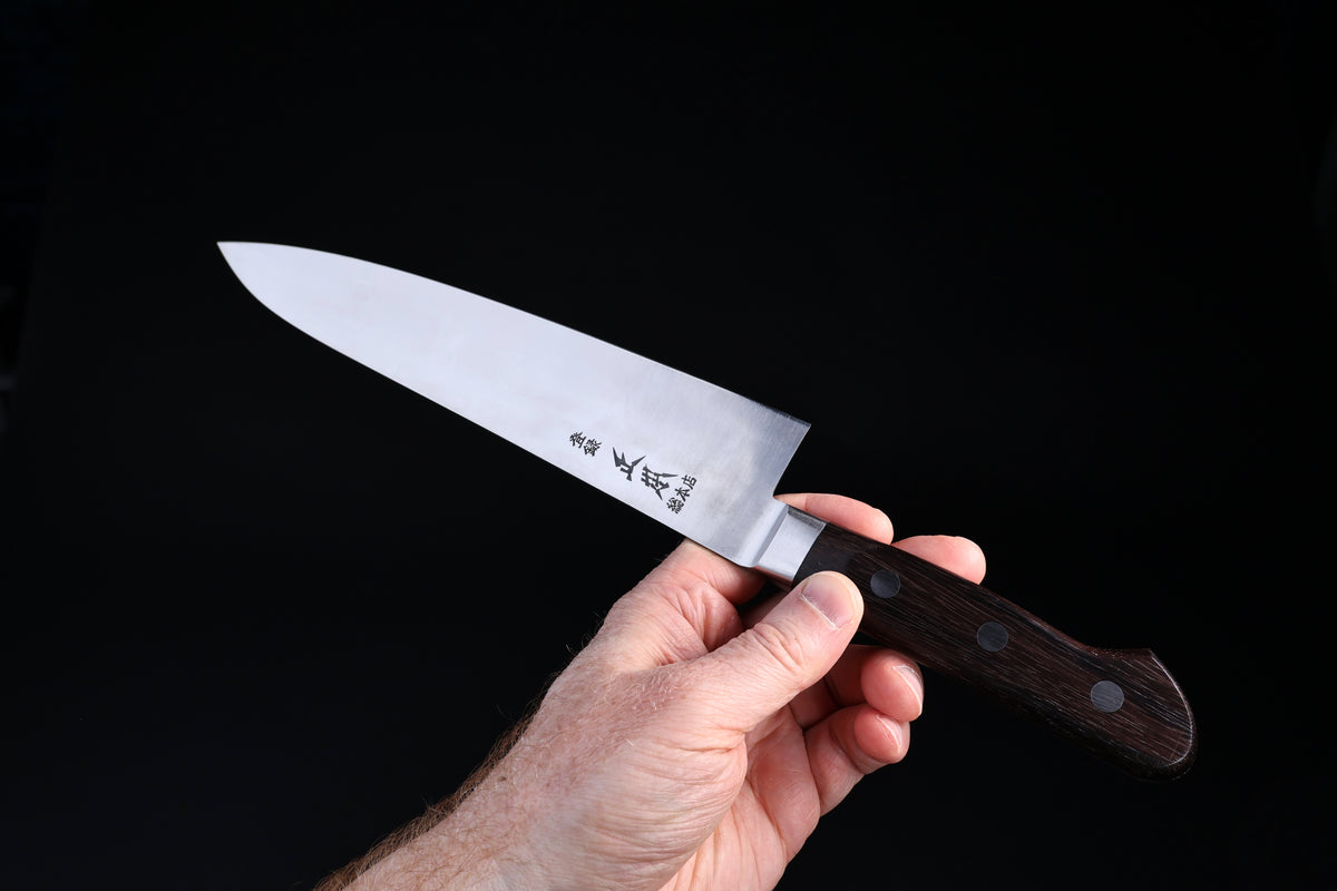Masamoto CT Gyuto 240mm carbon steel blade face with polished edge and maker&