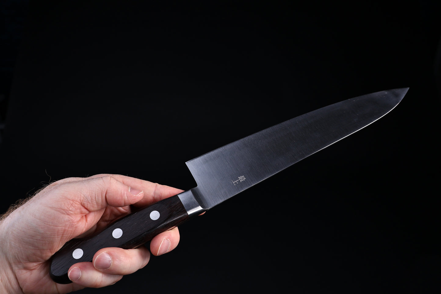 Masamoto CT Gyuto 240mm kuro-uchi blade finish with dark patina and maker's kanji