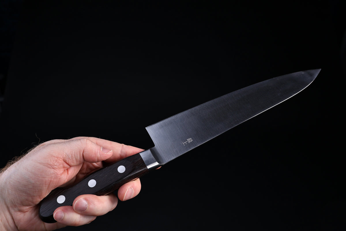 Masamoto CT Gyuto 240mm kuro-uchi blade finish with dark patina and maker&